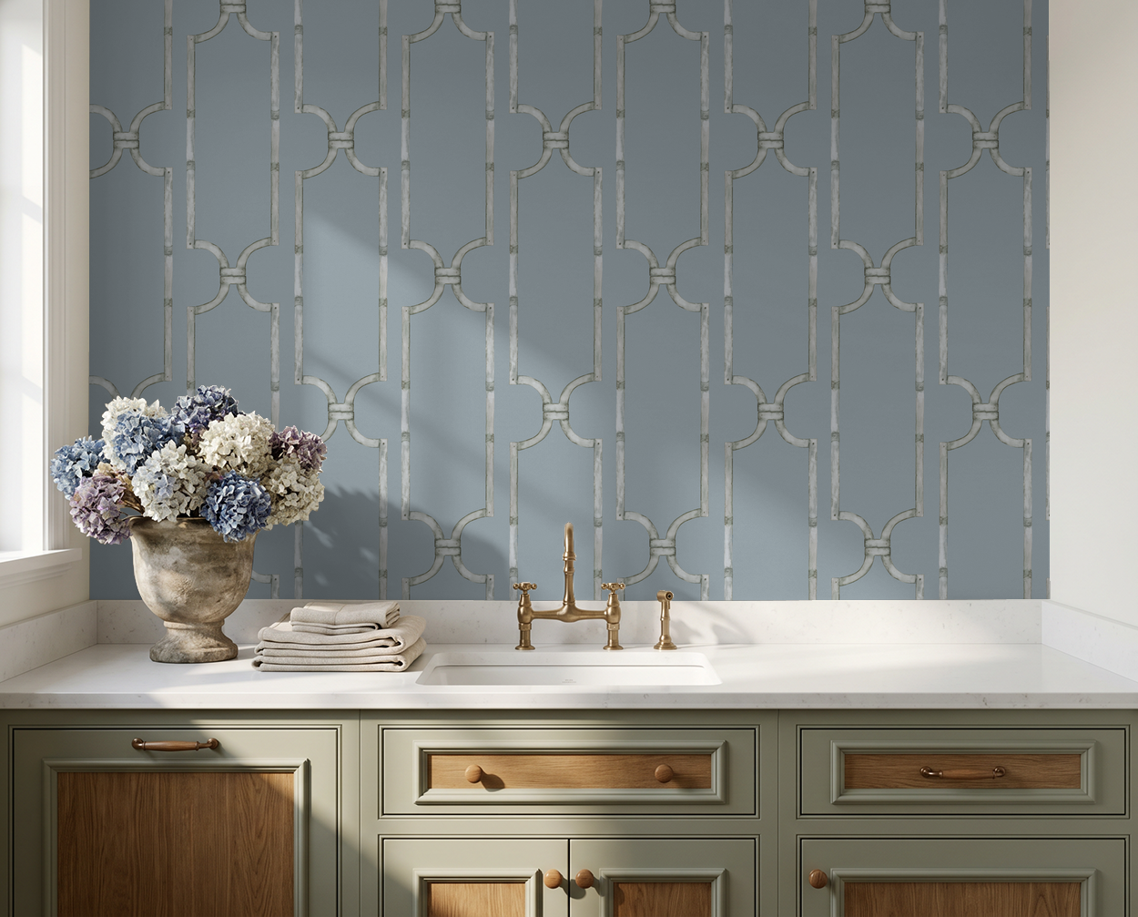 Gray-blue trellis wallpaper in elegant bathroom with flowers