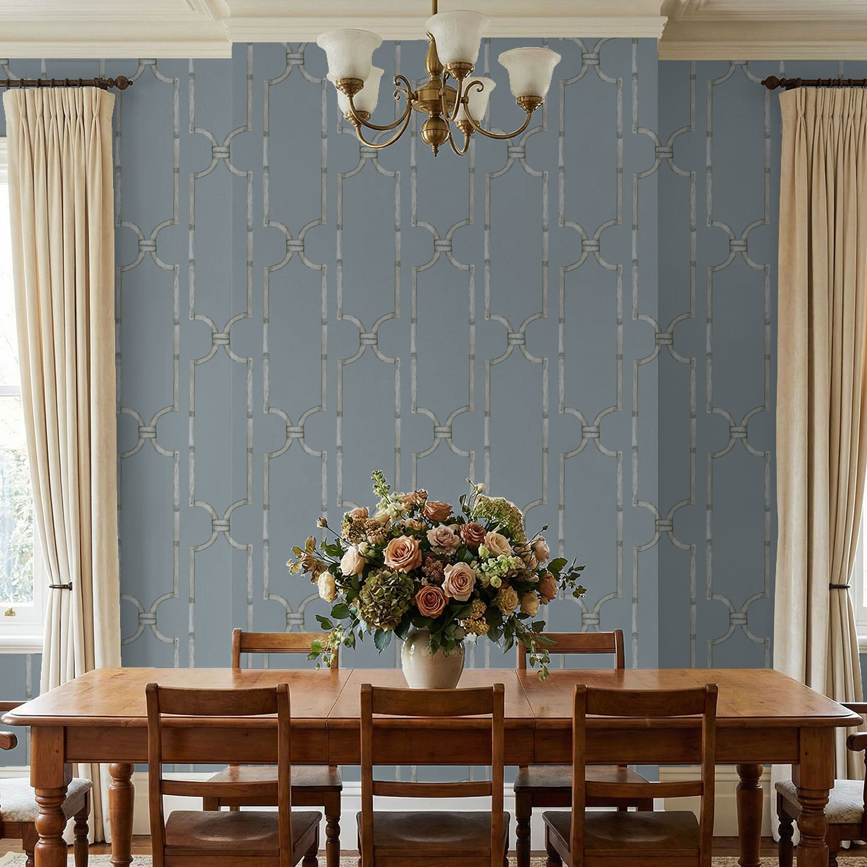 Gray-blue trellis wallpaper in elegant dining room with wooden table and floral centerpiece.
