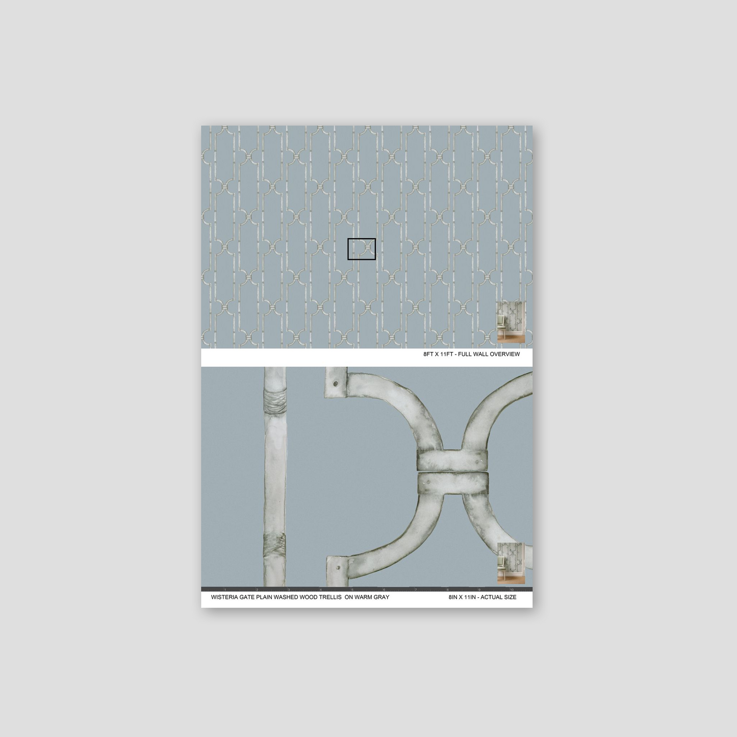 Gray-blue trellis wallpaper with geometric design and subtle elegance.