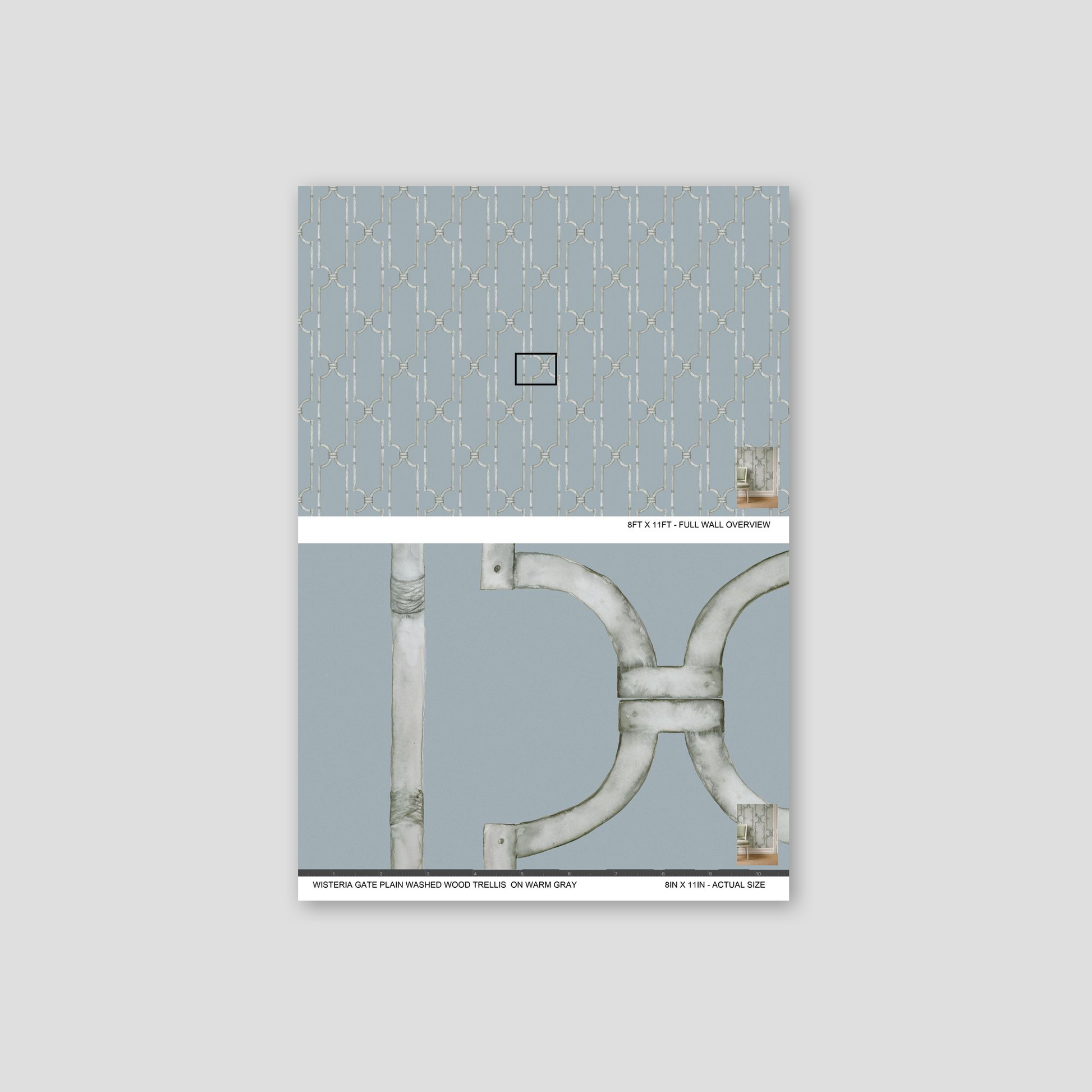 Gray-blue trellis wallpaper with geometric design and subtle elegance.