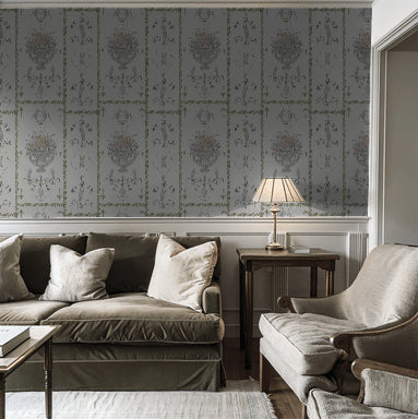 Elegant floral wallpaper in gray tones in a classic living room with plush seating.