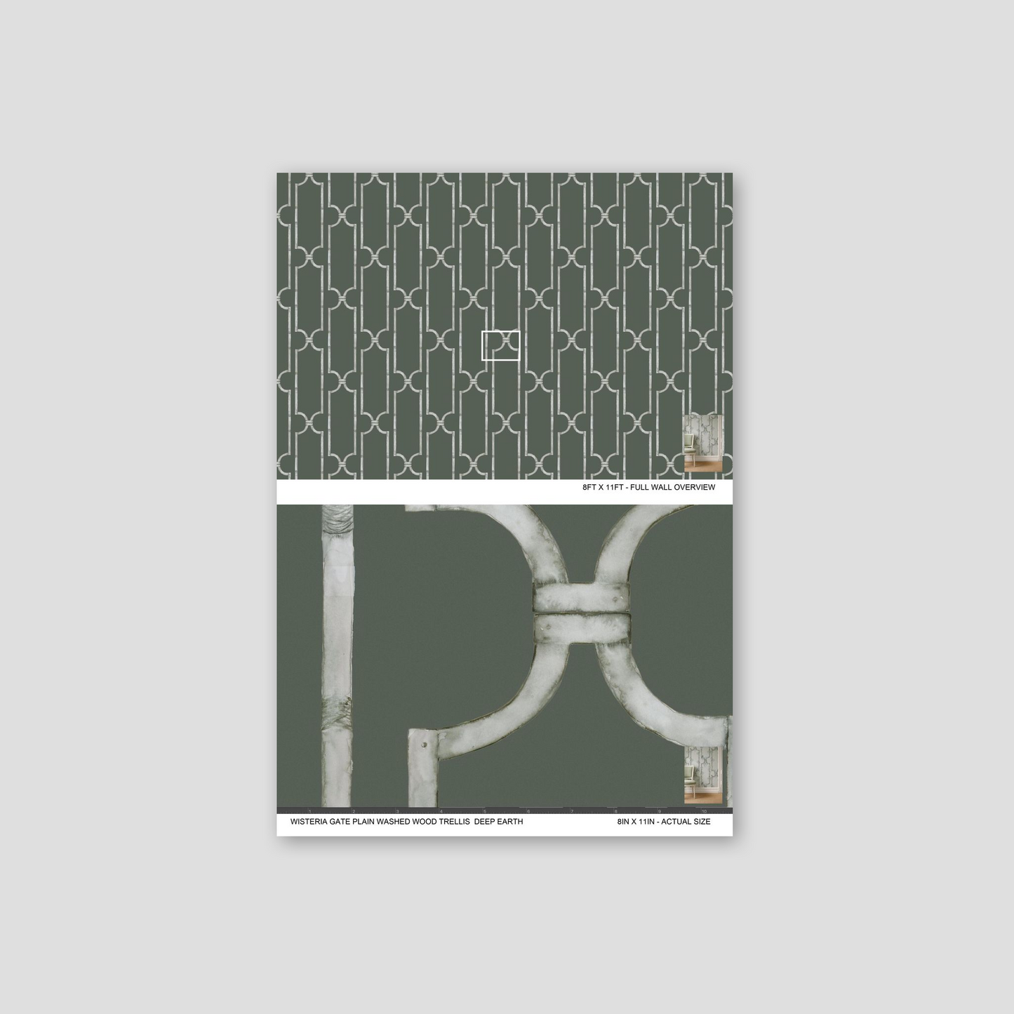 Gray trellis pattern wallpaper with geometric design in deep earth tone.
