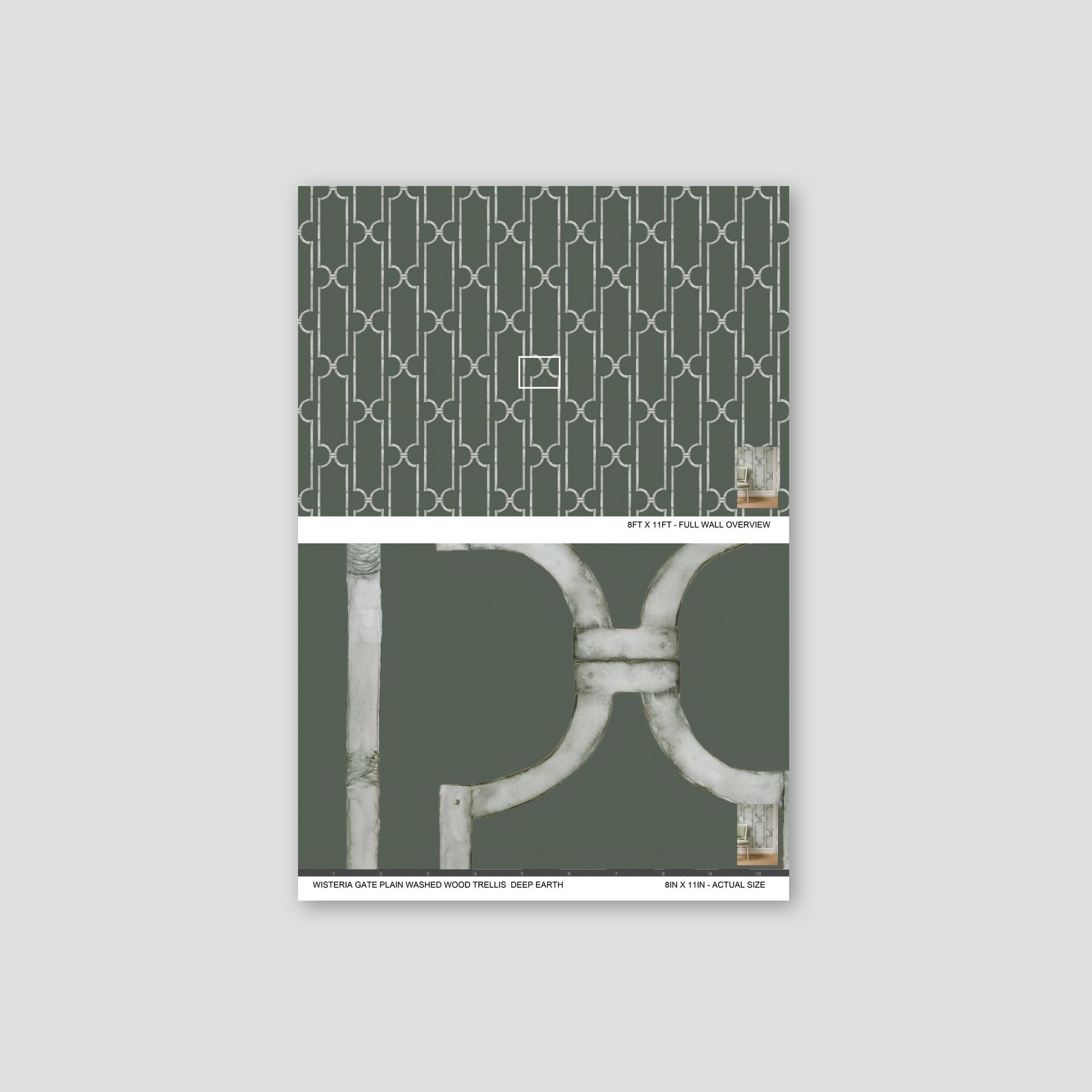 Gray trellis pattern wallpaper with geometric design in deep earth tone.