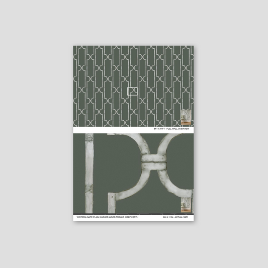 Gray trellis pattern wallpaper with geometric design in deep earth tone.