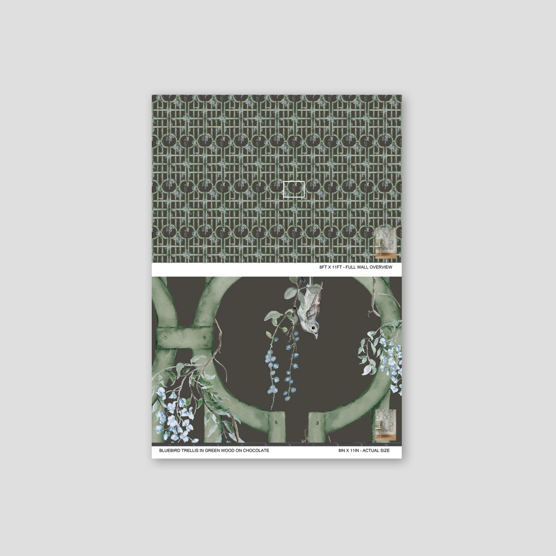Green lattice wallpaper with blue flowers and bird on chocolate background.