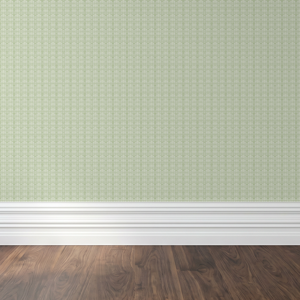 Green lattice pattern wallpaper in a modern room with wooden floor