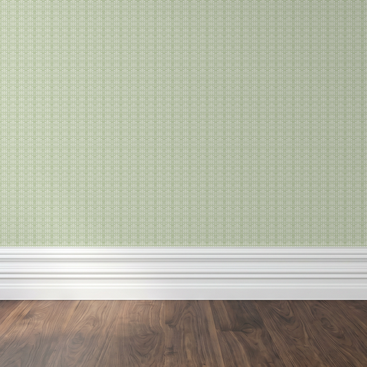 Green lattice pattern wallpaper in a modern room with wooden floor