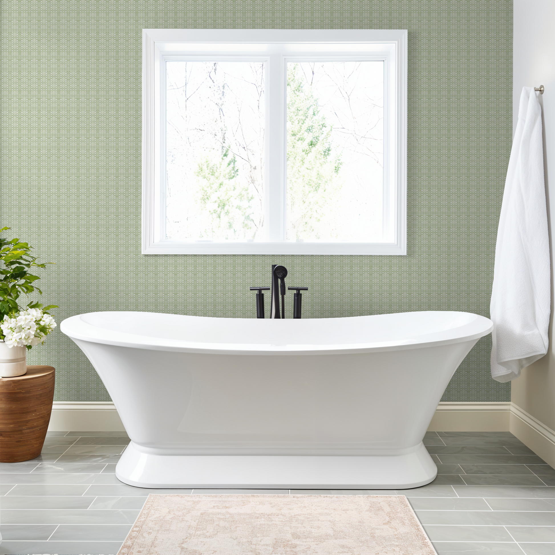 Green lattice pattern wallpaper in a modern bathroom with white bathtub and window.