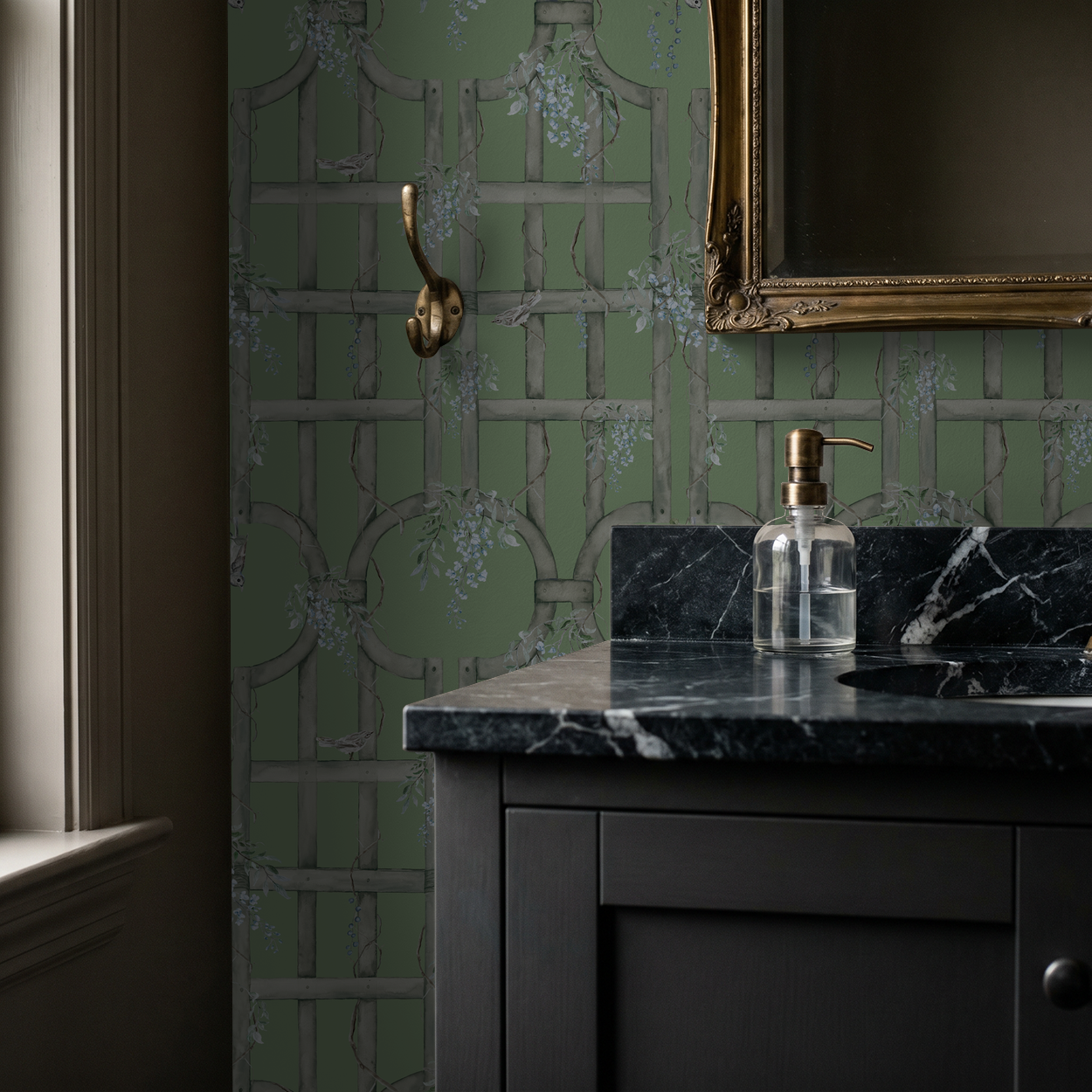 Green trellis wallpaper with birds and vines in elegant bathroom setting.