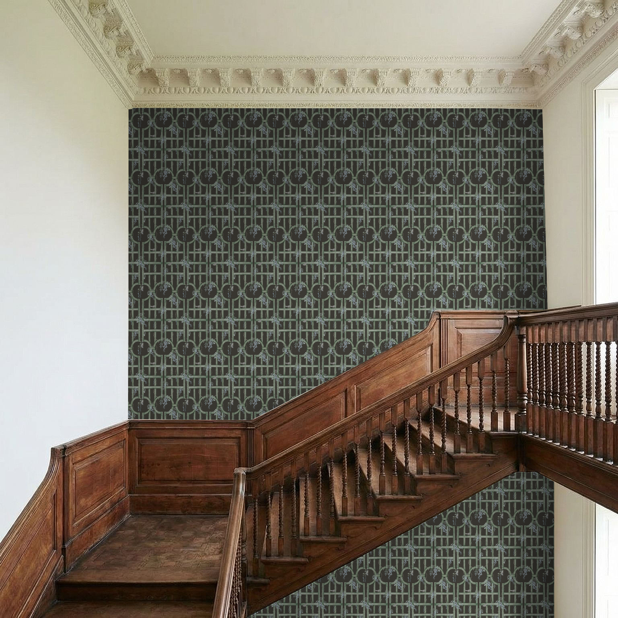 Elegant green trellis wallpaper with blue flowers in vintage staircase setting