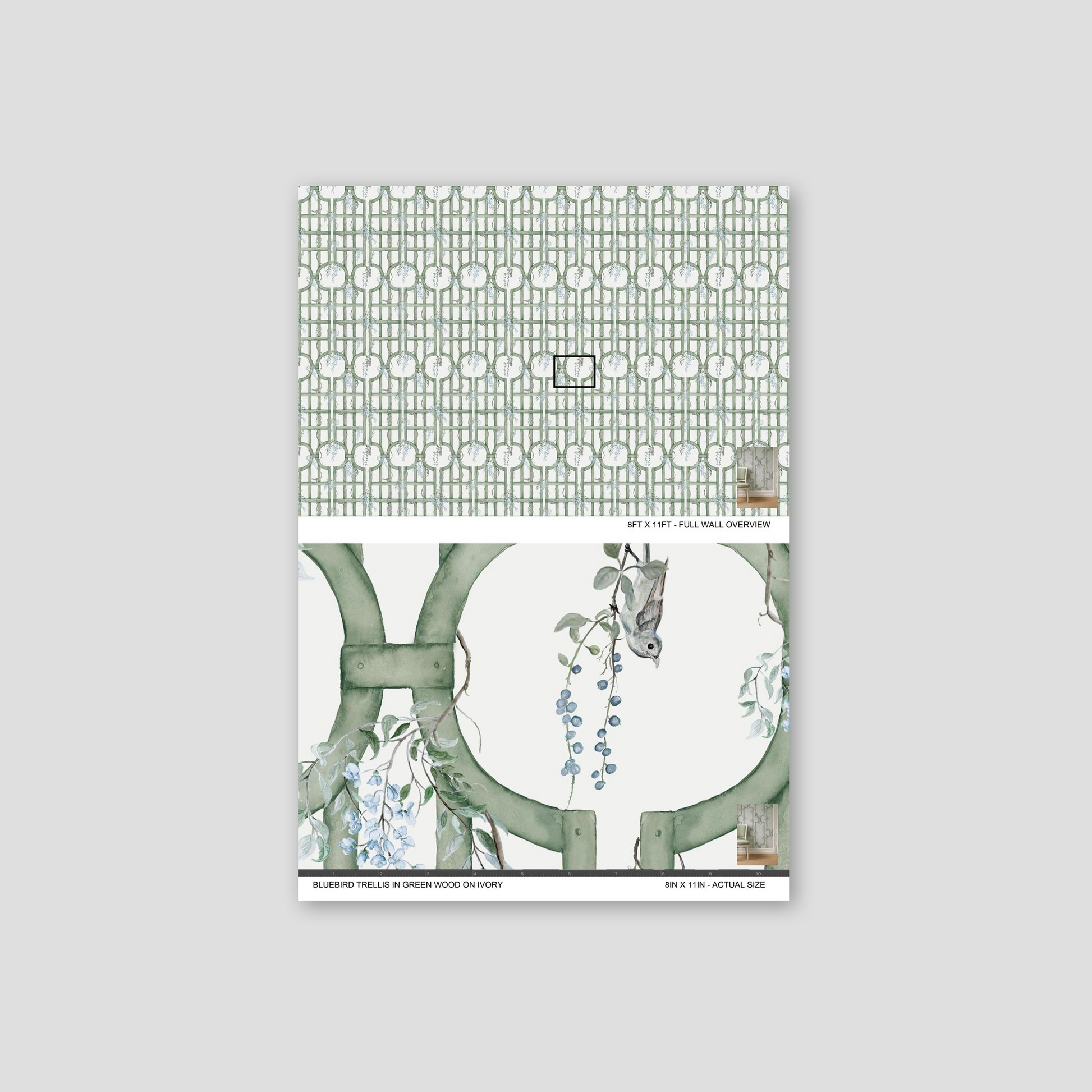 Green trellis wallpaper with bluebird and vines on ivory background