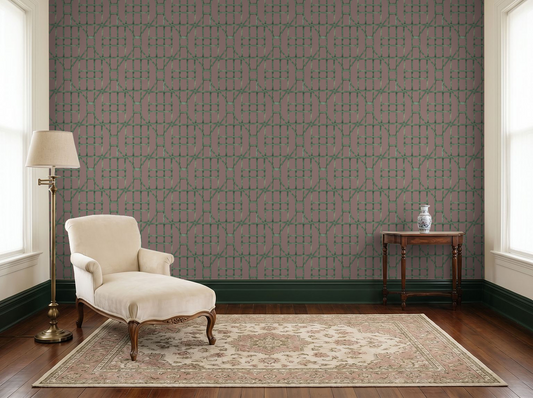 Green trellis on dusty rose wallpaper in elegant living room with cream chair.