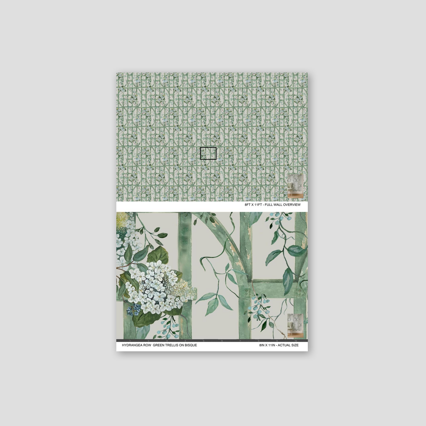 Green trellis with hydrangea floral pattern on bisque wallpaper sample.