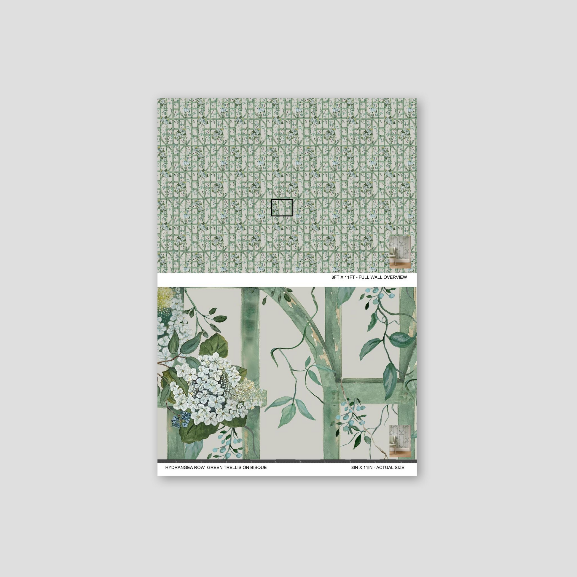 Green trellis with hydrangea floral pattern on bisque wallpaper sample.