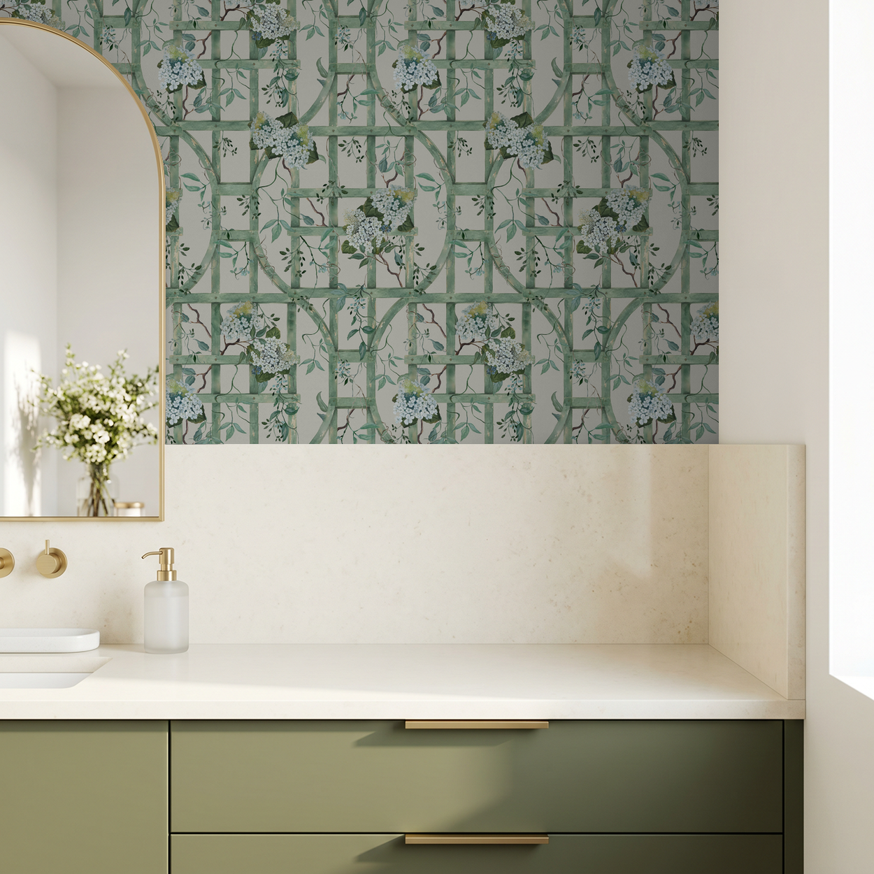 Green trellis wallpaper with hydrangeas in elegant bathroom setting.