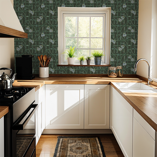 Green trellis and hydrangea wallpaper in a bright kitchen with wooden counters.