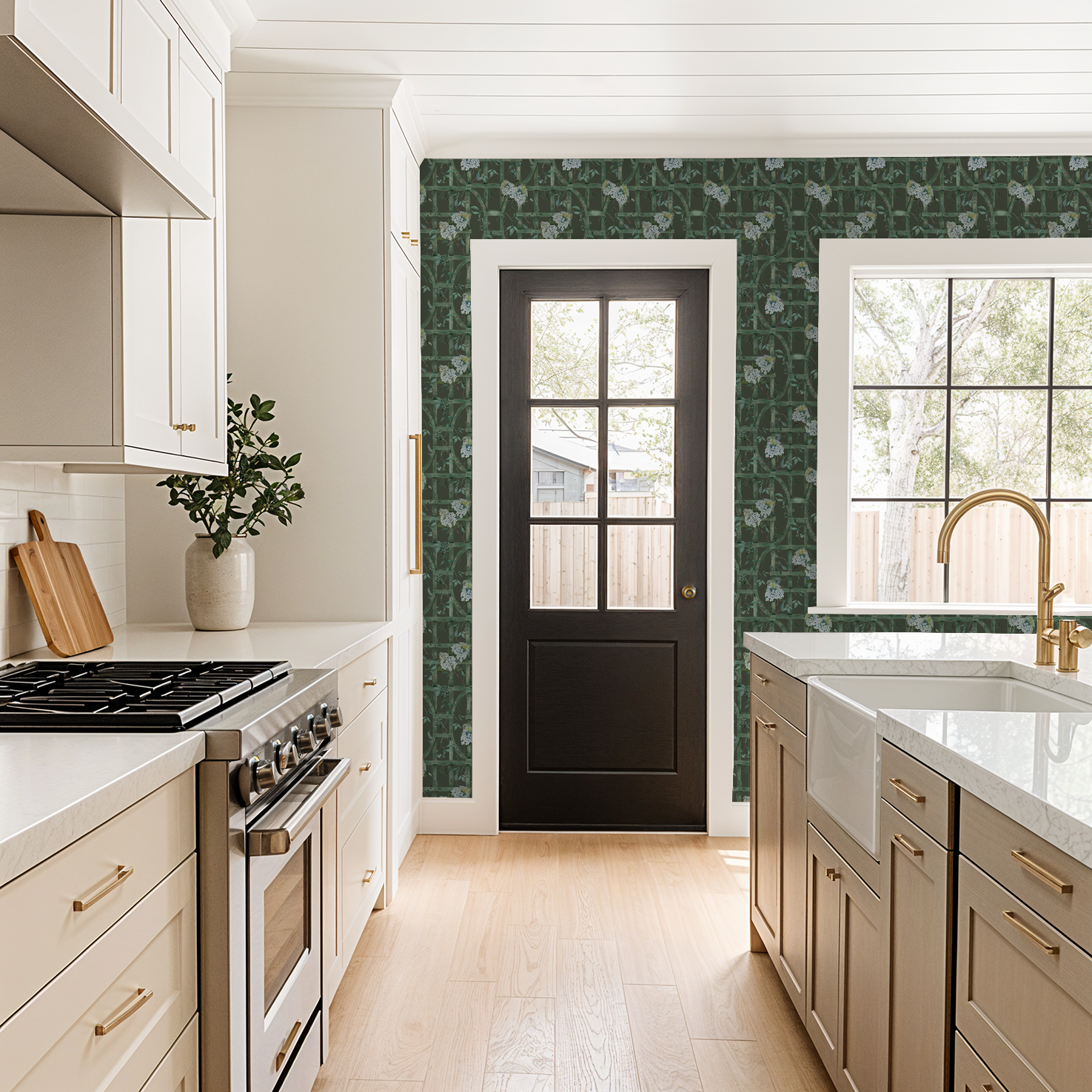 Green trellis and hydrangea wallpaper in a modern kitchen setting.