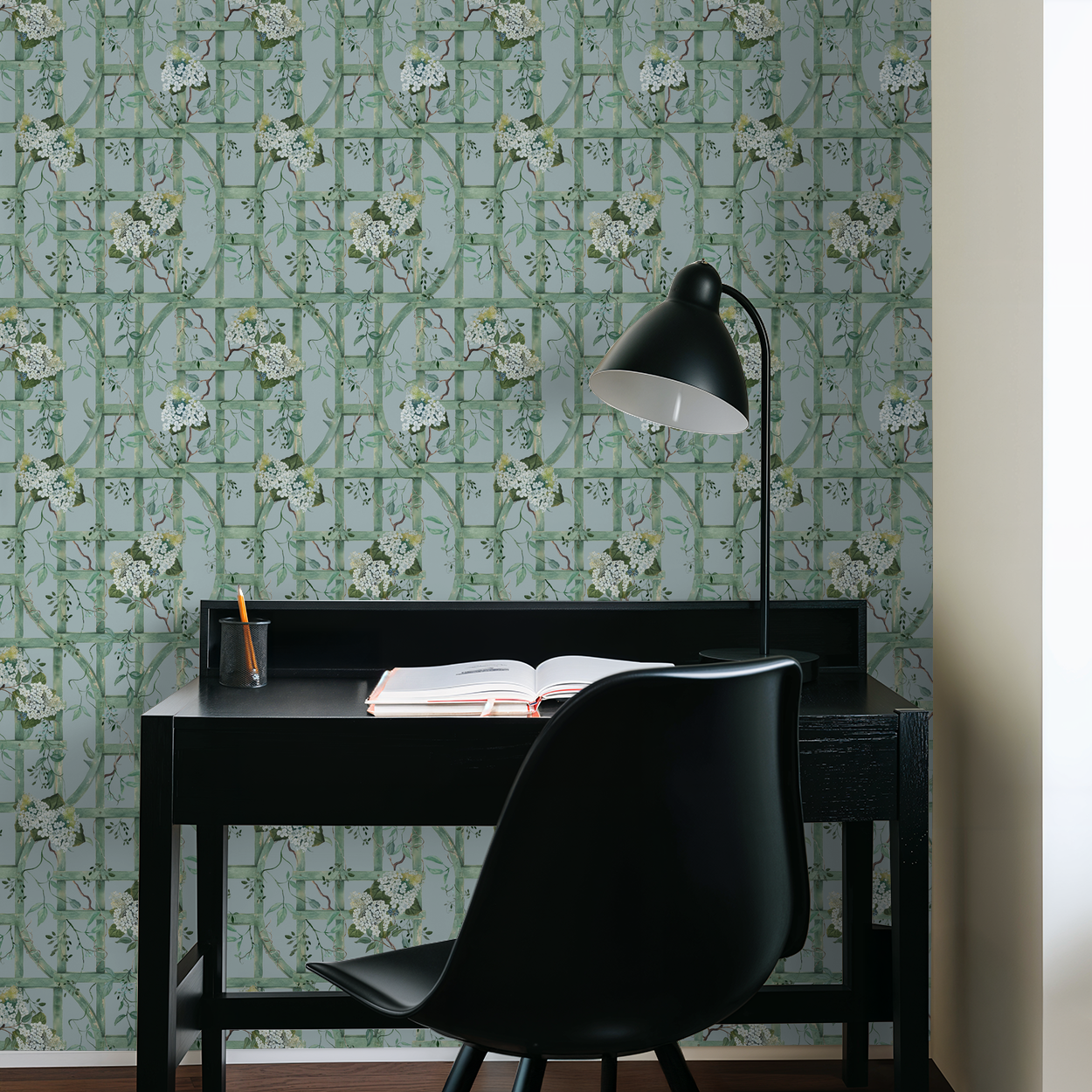Green trellis wallpaper with hydrangeas in a modern study room setting.