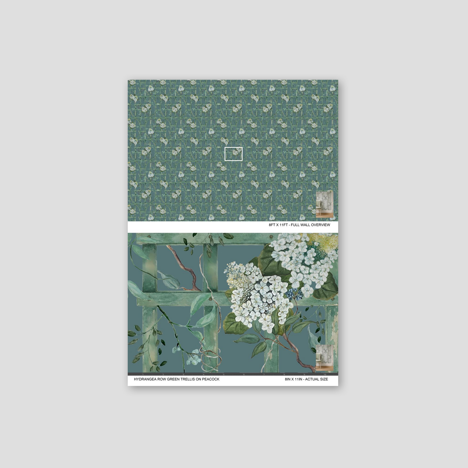 Green trellis wallpaper with white hydrangeas on peacock background, floral pattern sample.