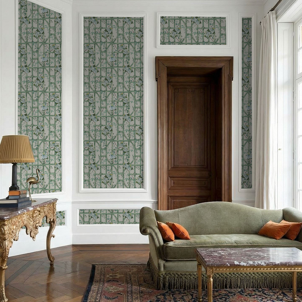 Elegant room with green trellis and hydrangea wallpaper, vintage decor.