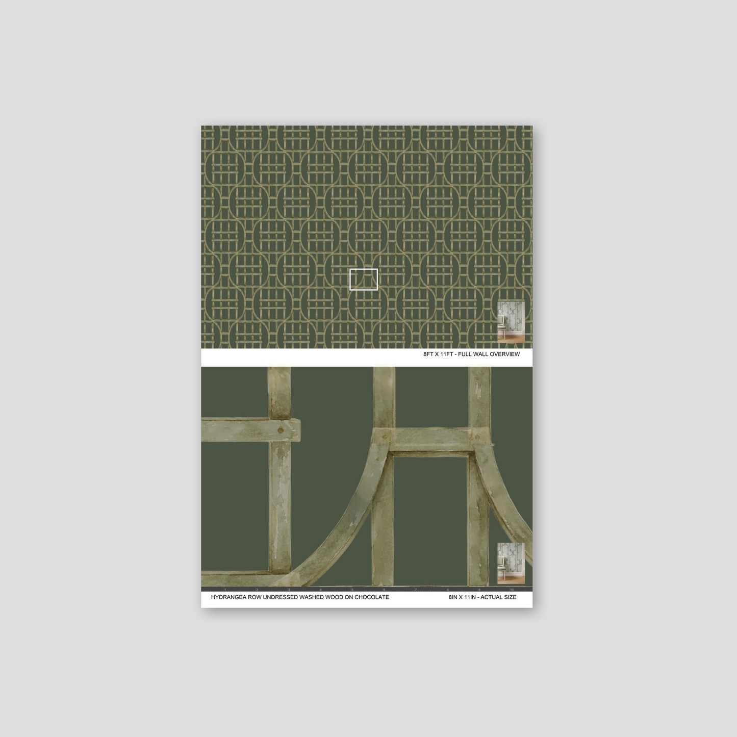 Green trellis pattern wallpaper sample on chocolate background.
