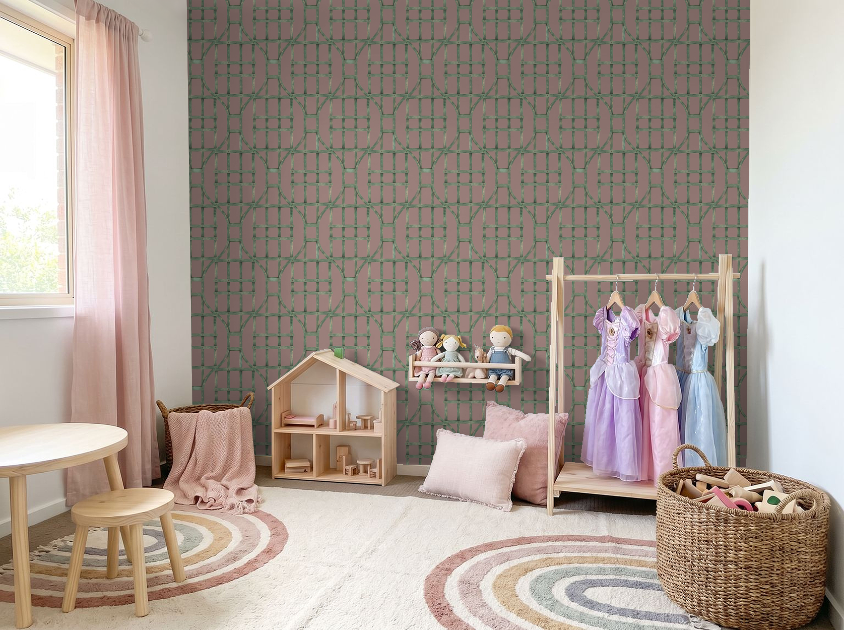 Green trellis on rose wallpaper in a children's room with toys and dresses.