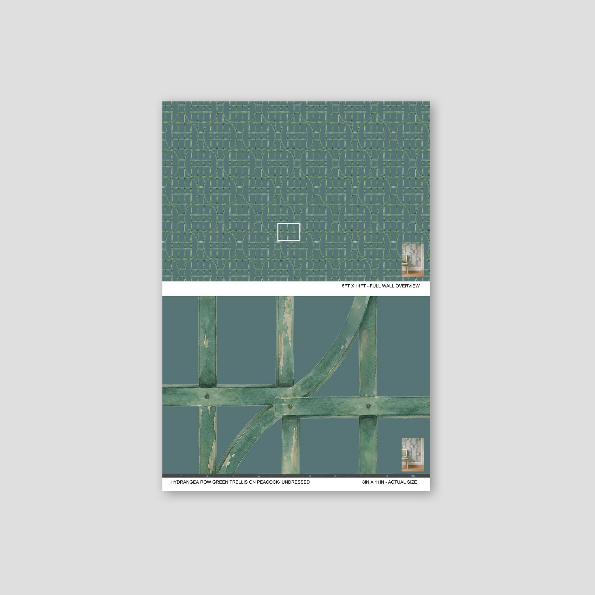 Green trellis pattern on teal wallpaper sample, botanical and geometric design.