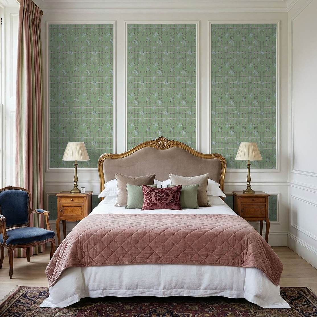 Green trellis wallpaper with birds in elegant bedroom setting.