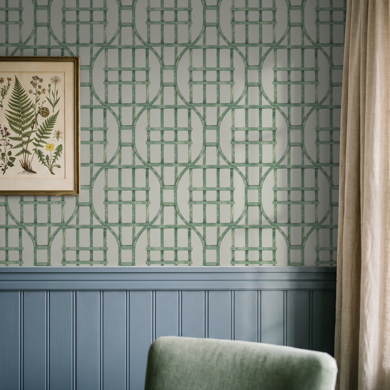 Green trellis wallpaper on bisque background in classic room with framed botanical art.