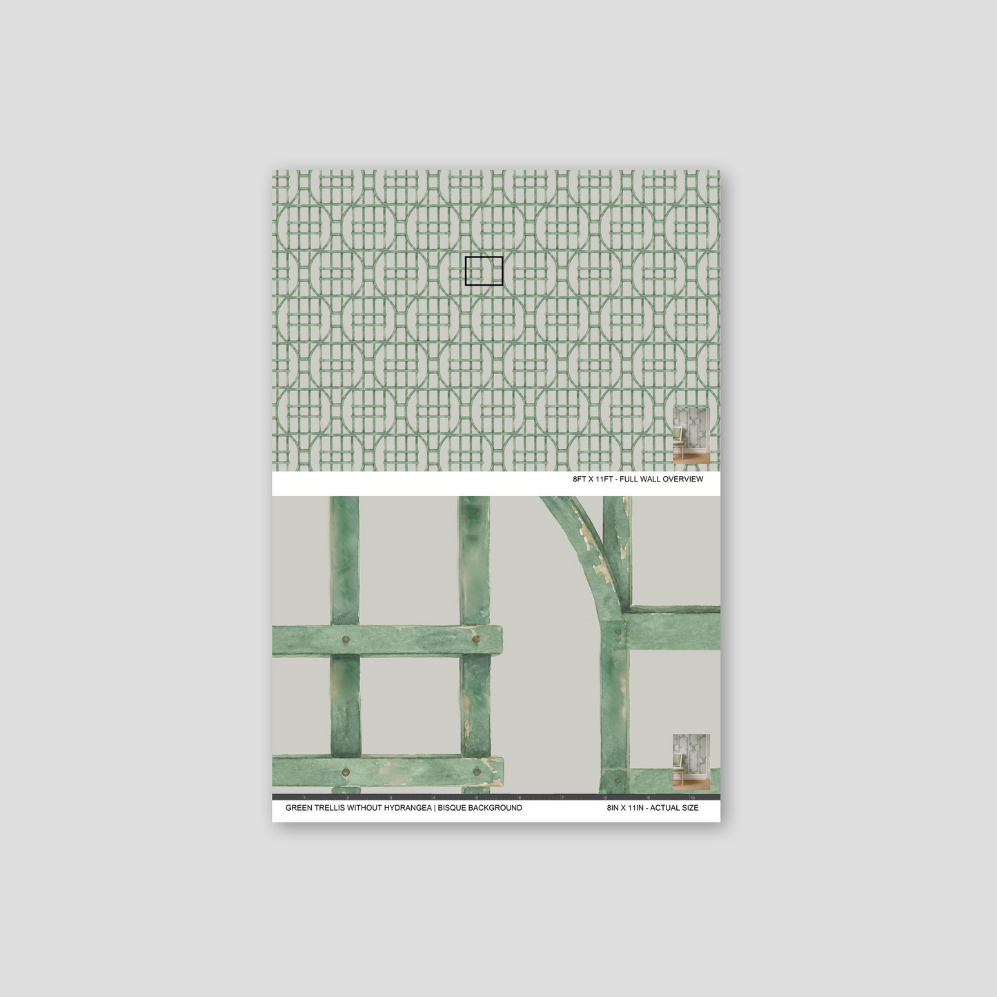 Green trellis wallpaper with bisque background, geometric pattern sample.