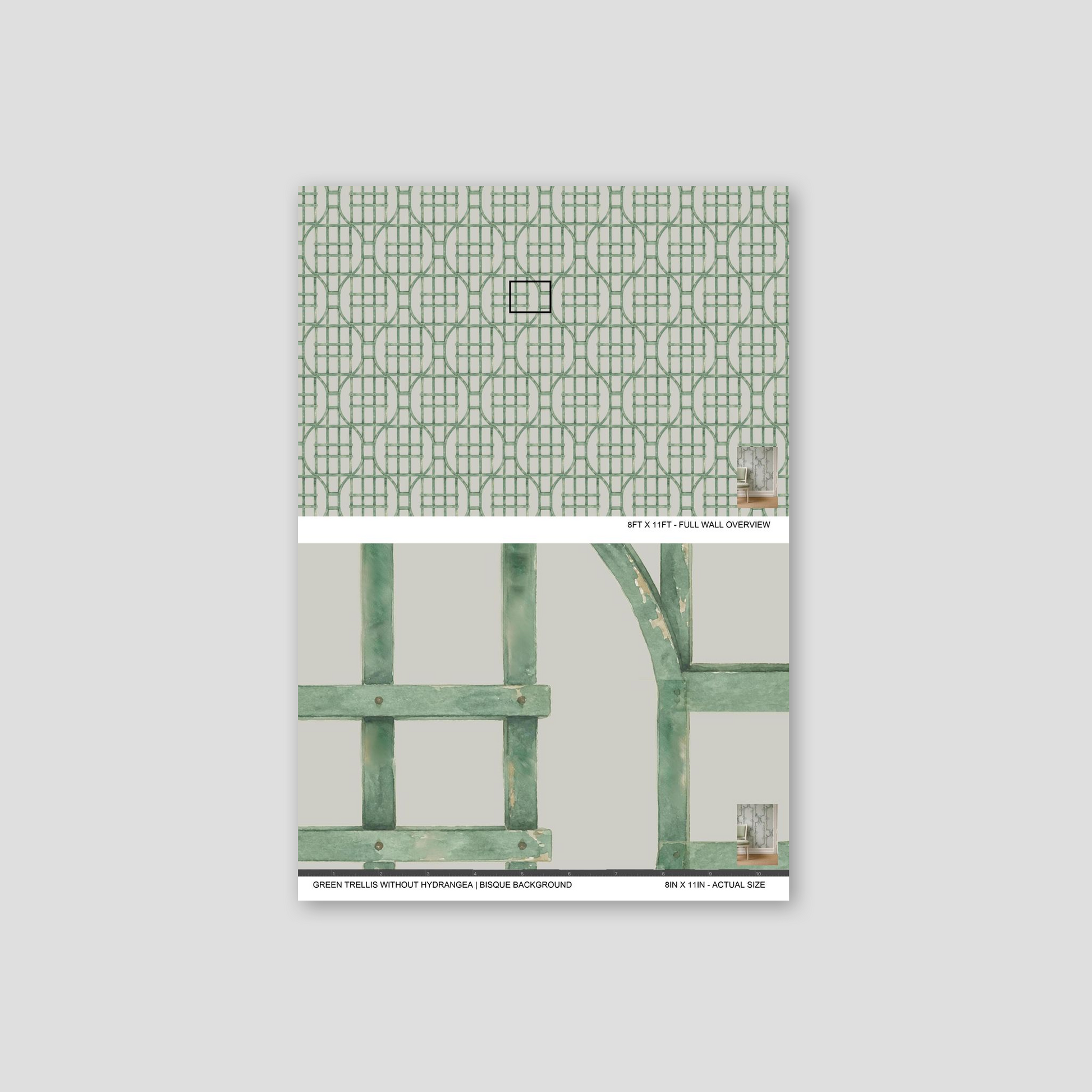 Green trellis wallpaper with bisque background, geometric pattern sample.