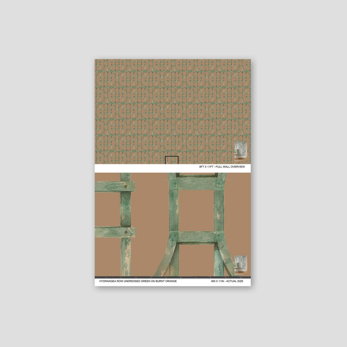 Green trellis pattern on burnt orange wallpaper sample.