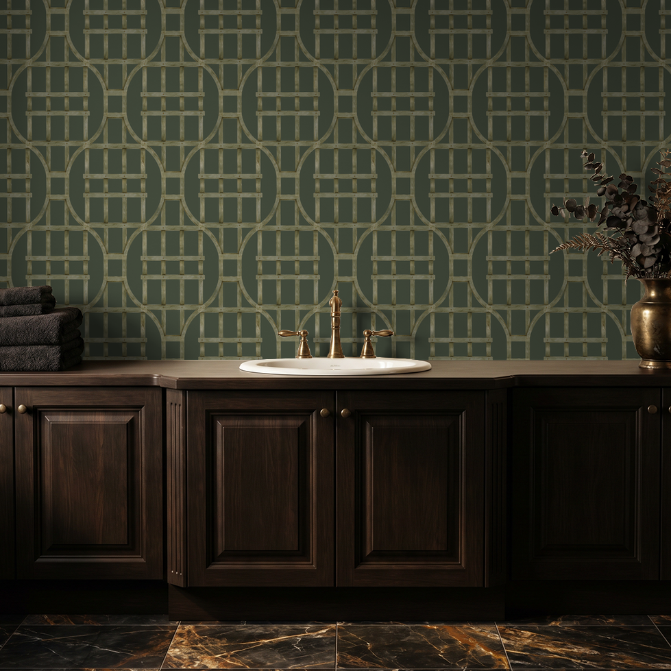 Green trellis pattern wallpaper in bathroom with dark wood cabinets.