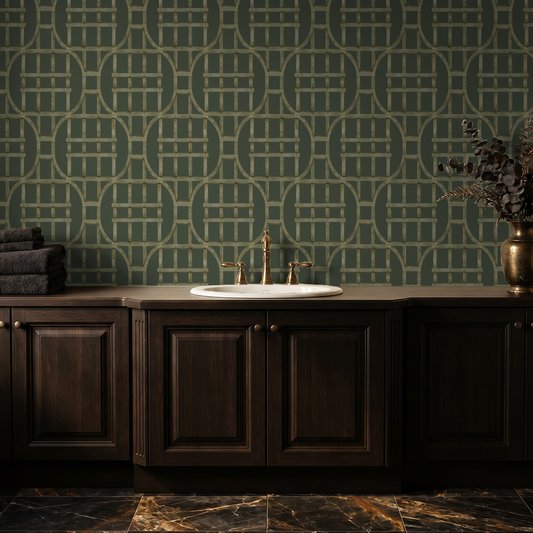 Green trellis pattern wallpaper in bathroom with dark wood cabinets.