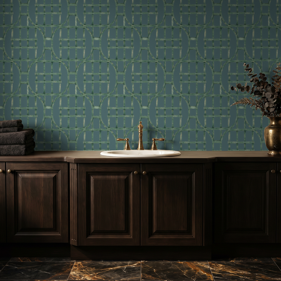 Green trellis pattern wallpaper in elegant bathroom with dark wood cabinets.