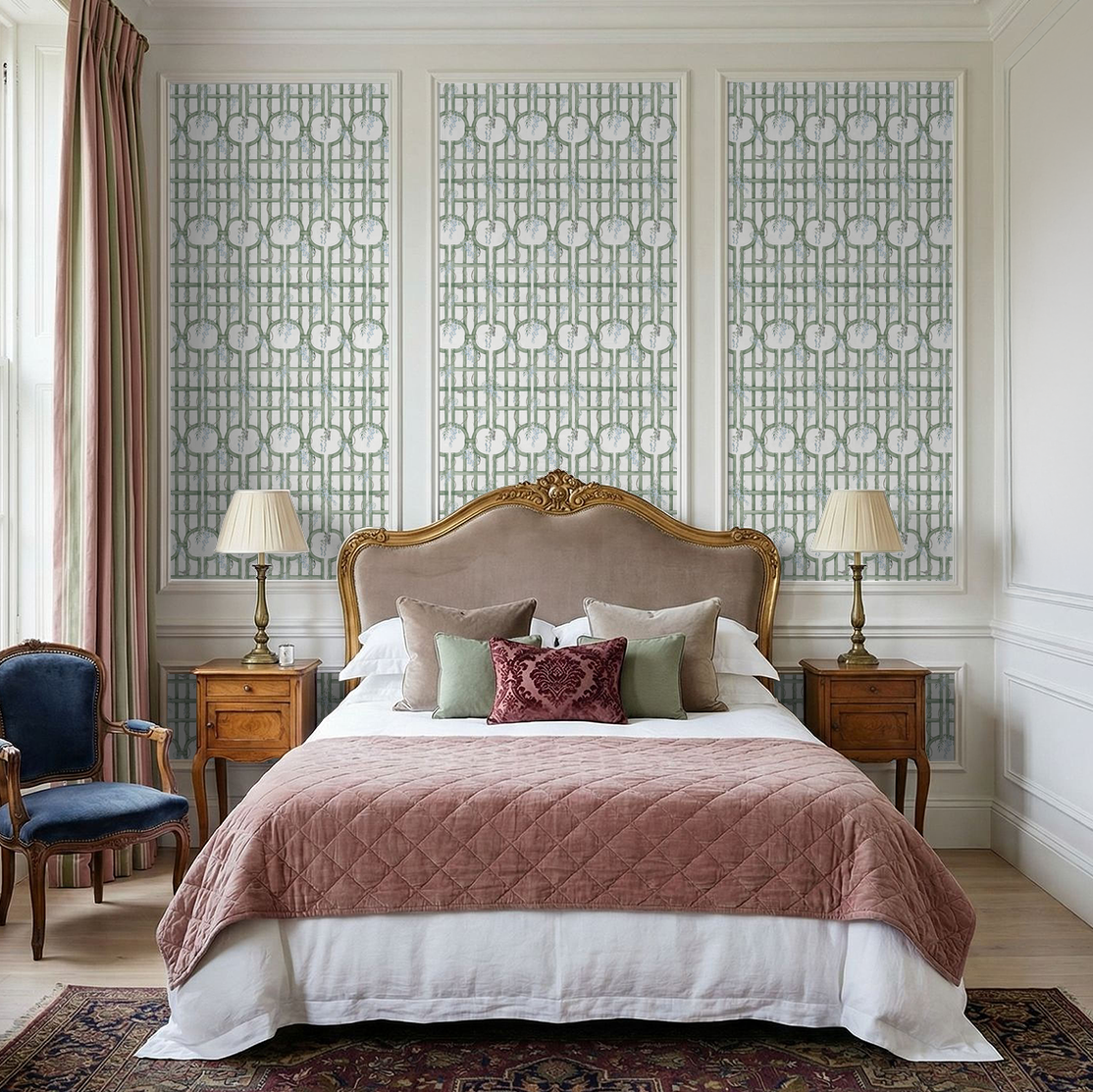Elegant bedroom with green trellis wallpaper and classic decor
