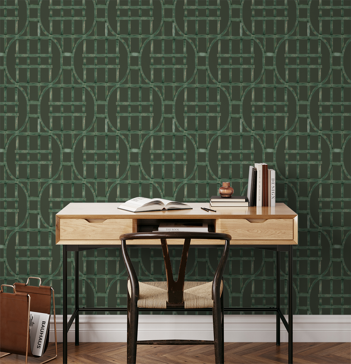 Green trellis wallpaper in home office with wooden desk and chair.