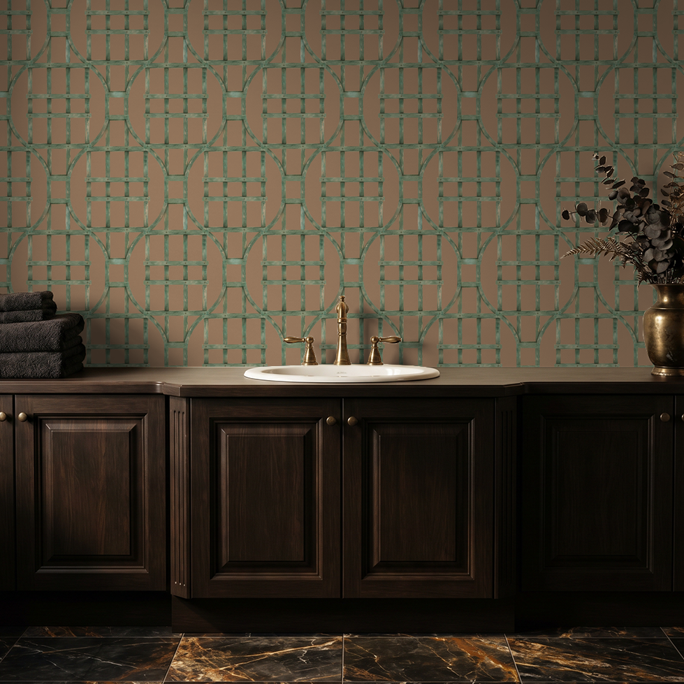 Green trellis pattern wallpaper in rustic bathroom with dark wood cabinets.