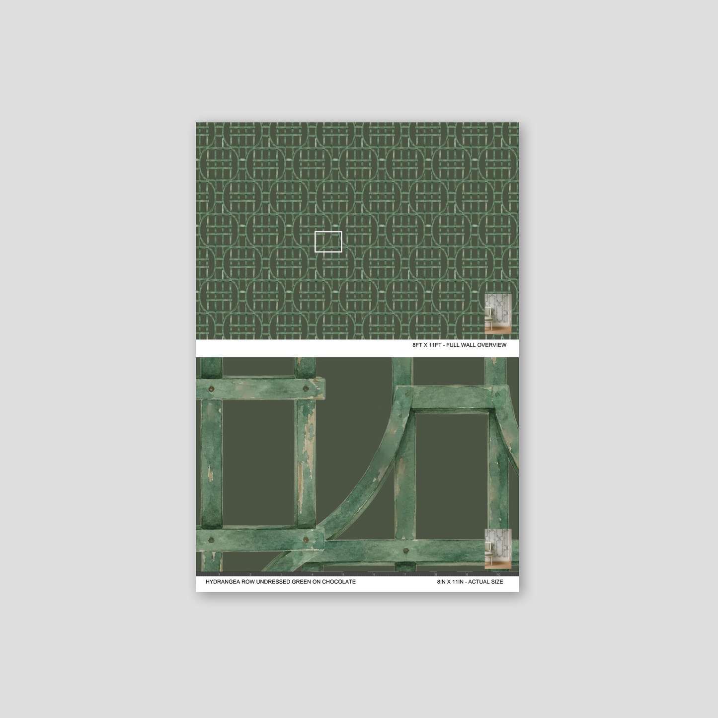 Green trellis pattern wallpaper sample on chocolate background.