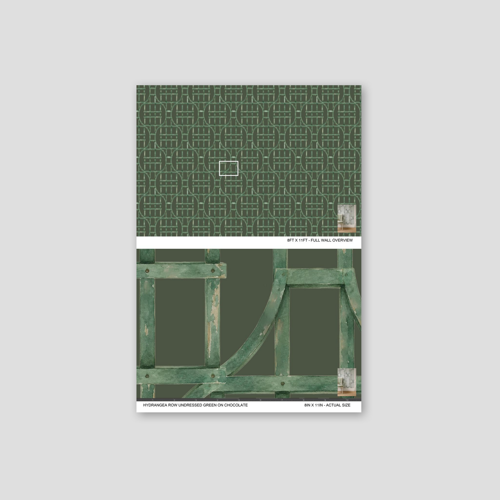 Green trellis pattern wallpaper sample on chocolate background.