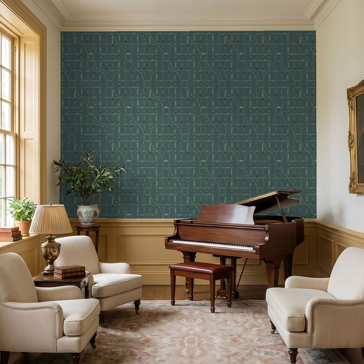 Green trellis wallpaper on teal wall in elegant living room with piano and armchairs.