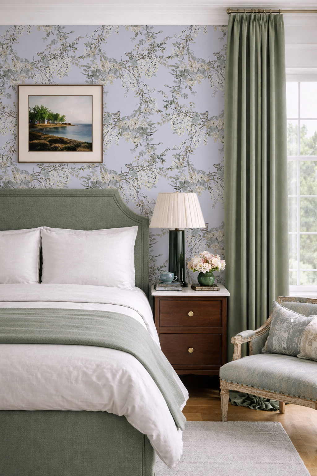 Cozy bedroom with floral wallpaper, green curtains, and a lamp on a nightstand.