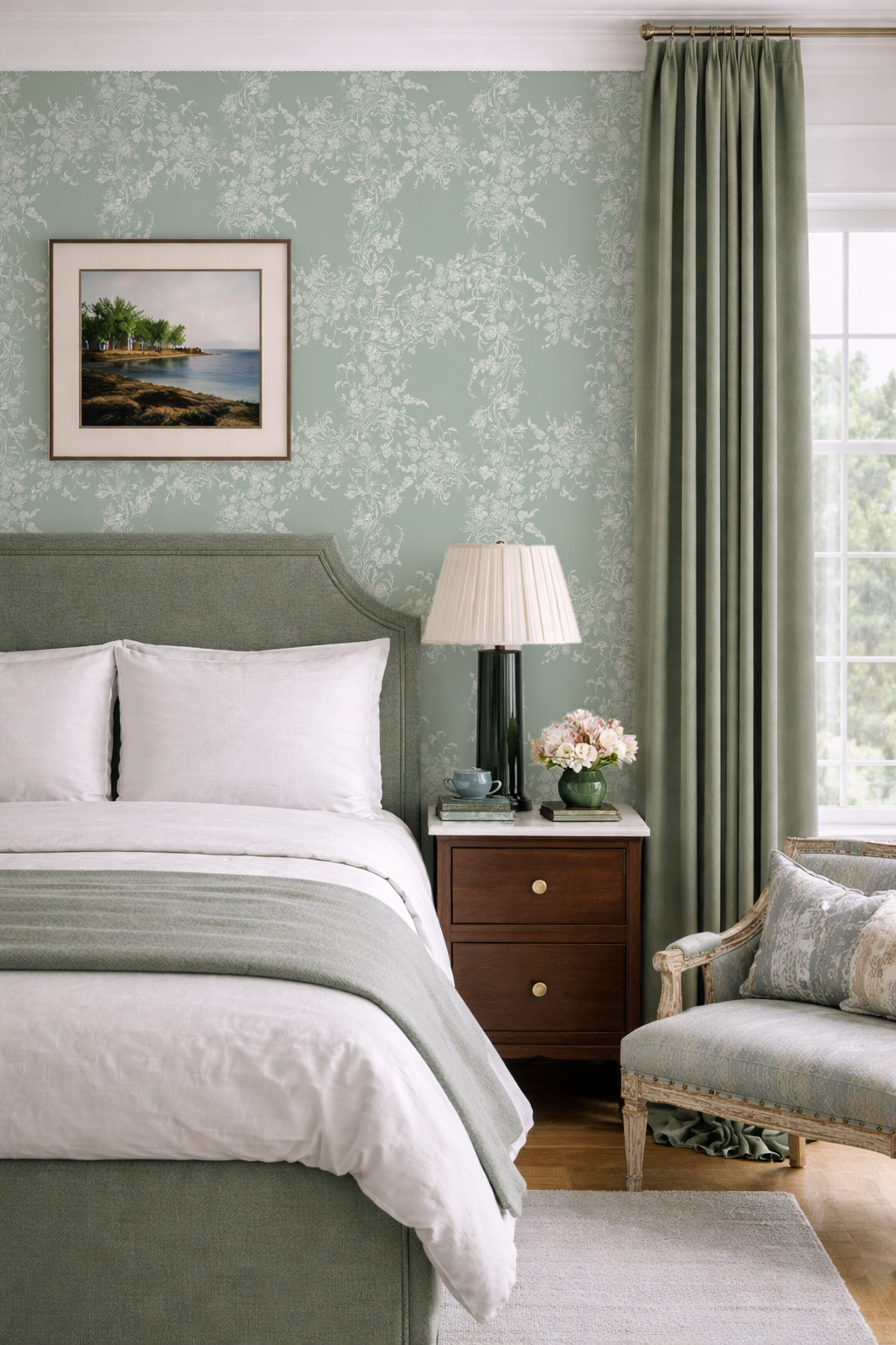 Sun Room Wallpaper | Climbing Floral Vine |Garden Green Monochrome | Melissa Dayton Wallpaper