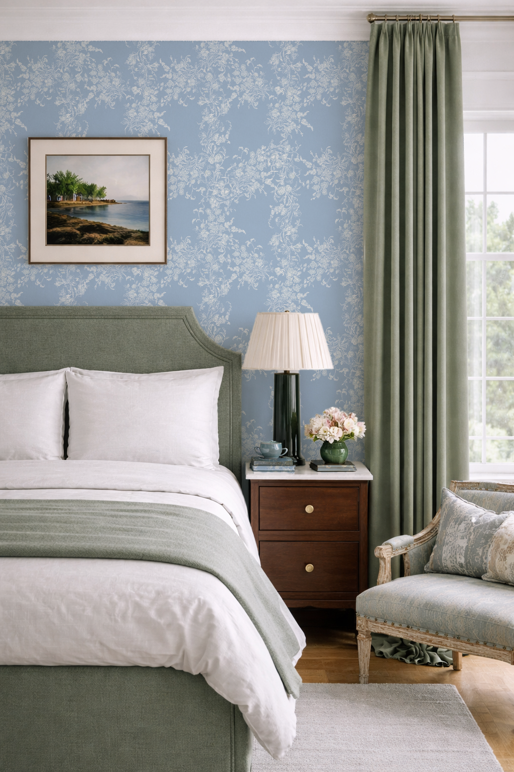 Sun Room Wallpaper | Climbing Floral Vine | Blue Monochrome | Melissa Dayton Wallpaper