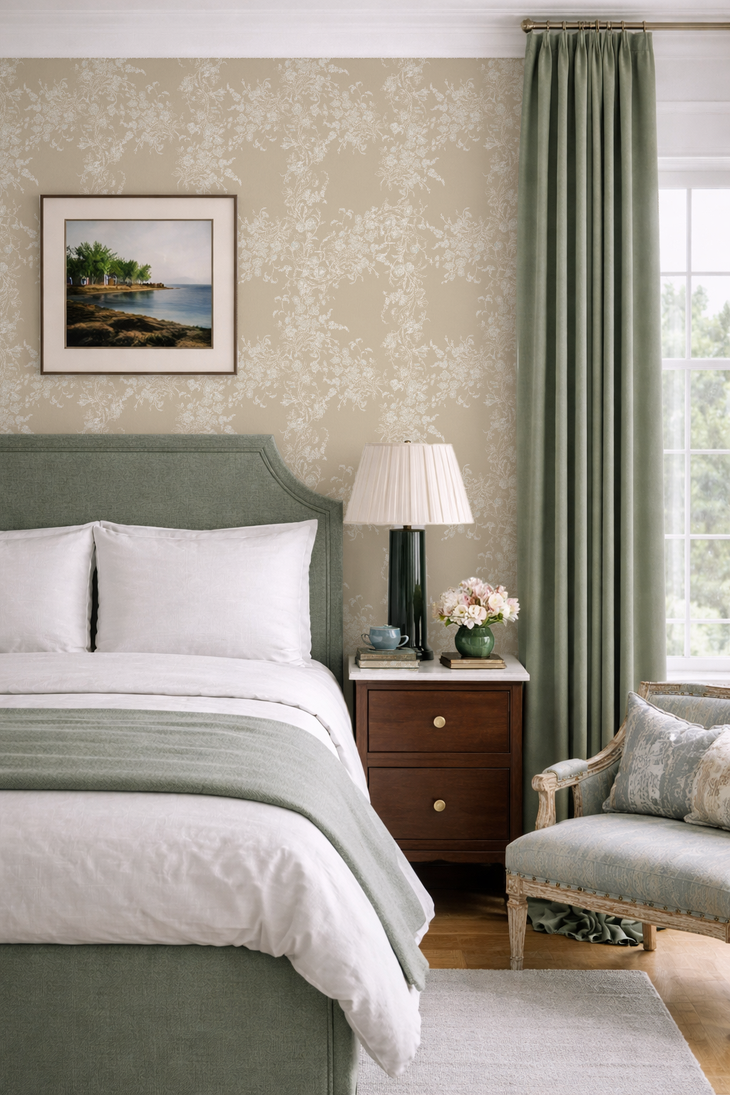 Neatly decorated bedroom with a bed, nightstand, lamp, and chair.