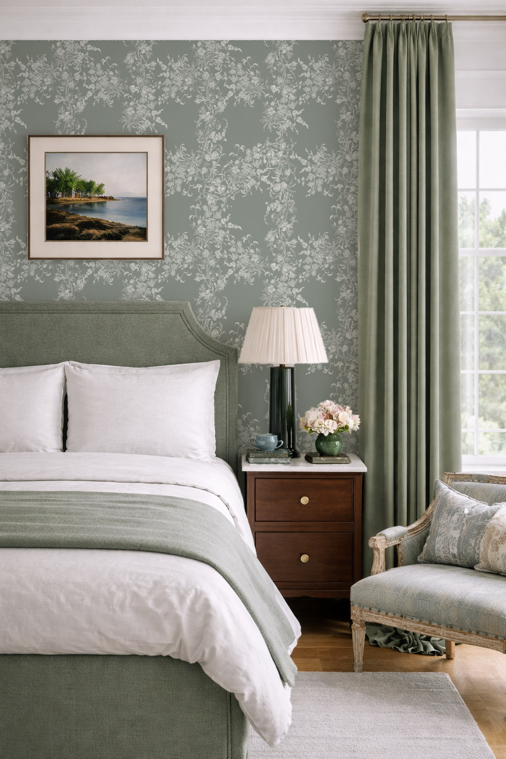 Sun Room Wallpaper | Climbing Floral Vine | Mossy Green  Monochrome | Melissa Dayton Wallpaper