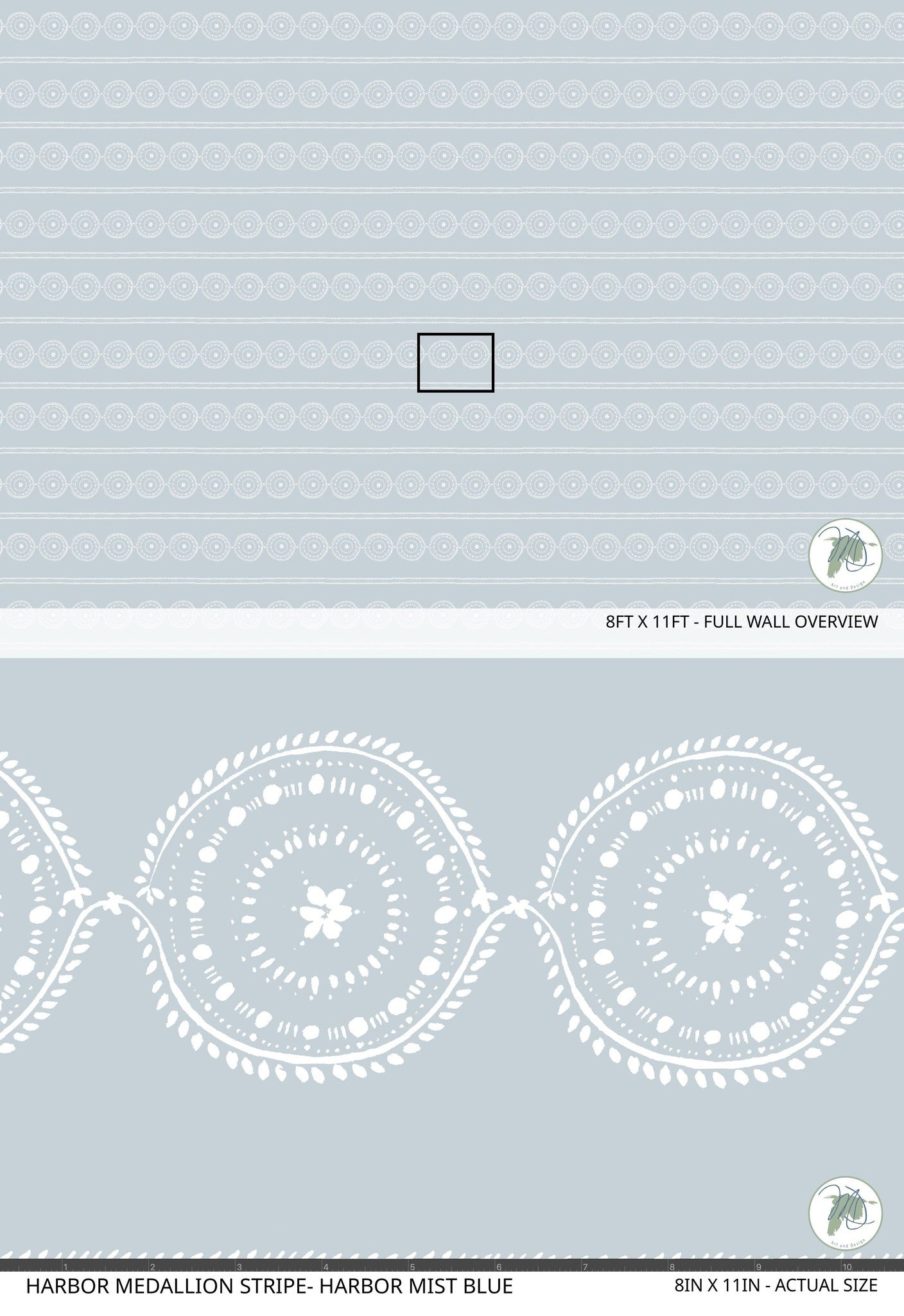 Harbor Mist blue wallpaper with medallion stripe pattern, delicate floral motifs.
