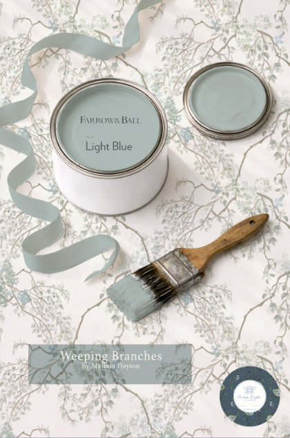 Farrow & Ball light blue paint can with a brush and ribbon on a patterned background