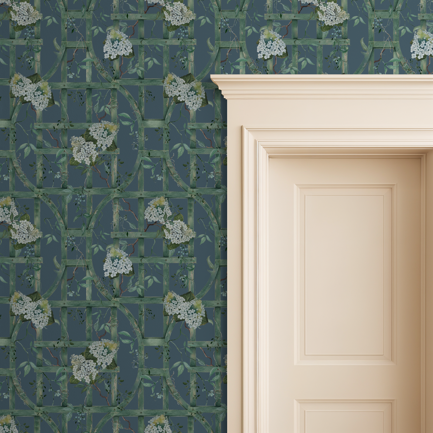 Hydrangea floral wallpaper with green trellis on deep blue background beside cream door