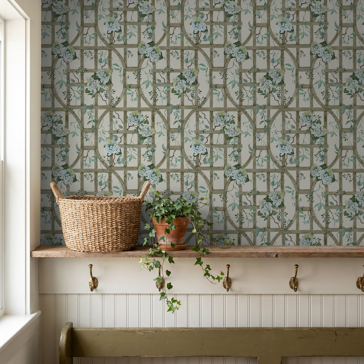 Hydrangea floral wallpaper with wood trellis in cozy room setting.